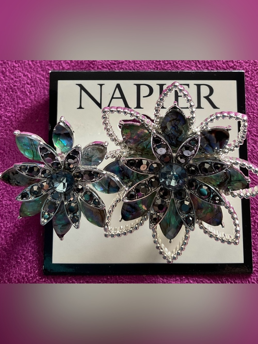 Napier Double Flower Brooch Abalone Shell Rhinestone Silver Tone Statement Pin